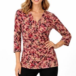 new directions Rose Multi Floral Wrap-Front Long Sleeve Top